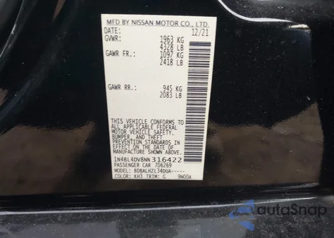 2022 Nissan Altima Sv Fwd from USA, damaged, VIN 1N4BL4DV8NN316422